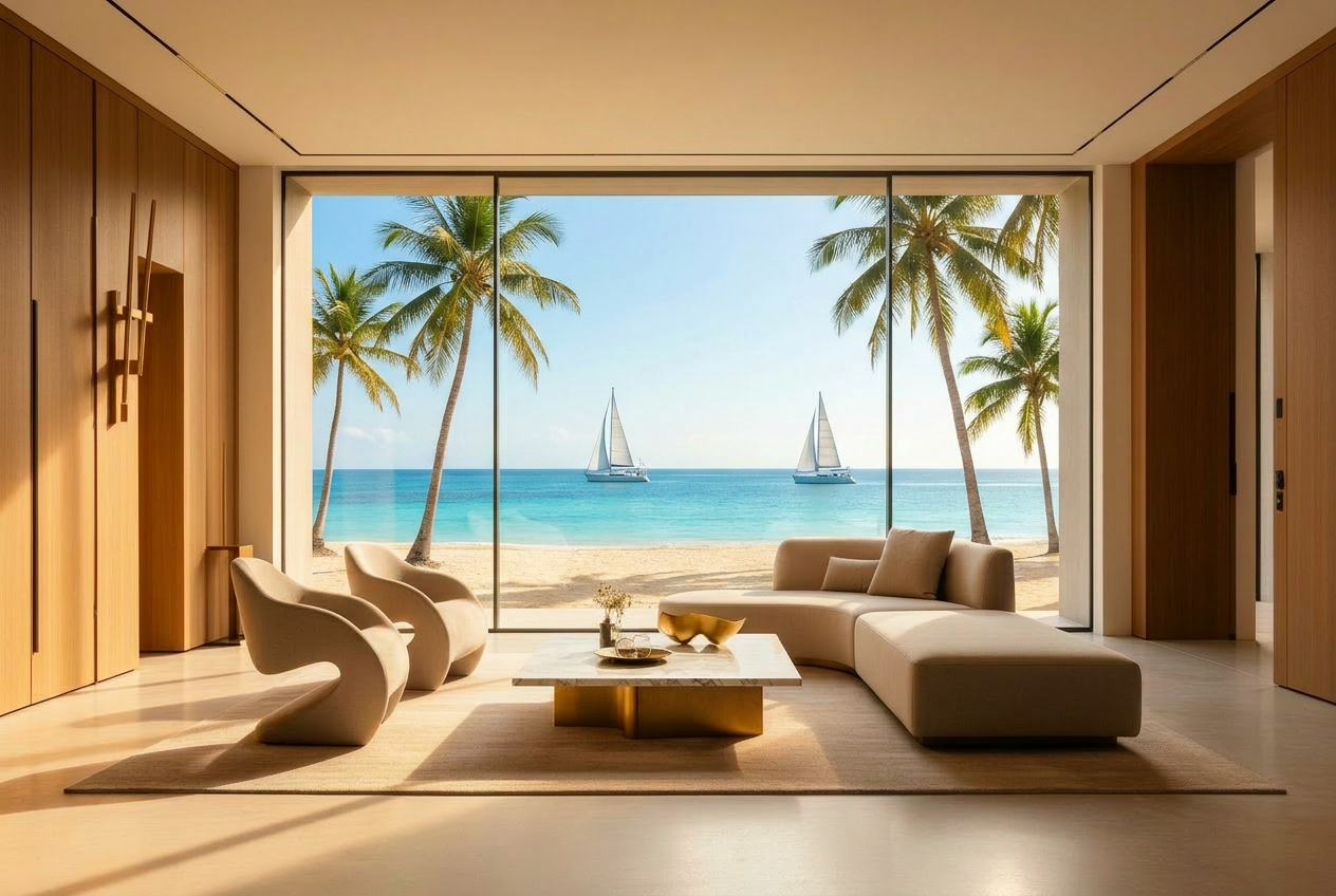 Modern minimalist living room with sculptural furniture and floor-to-ceiling windows opening to a lush garden